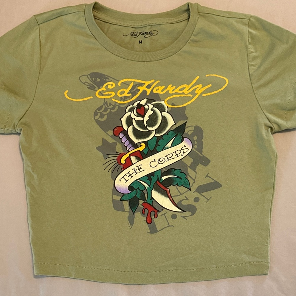 Ed Hardy Olive Baby Tee with Rose and Dagger Design women's medium